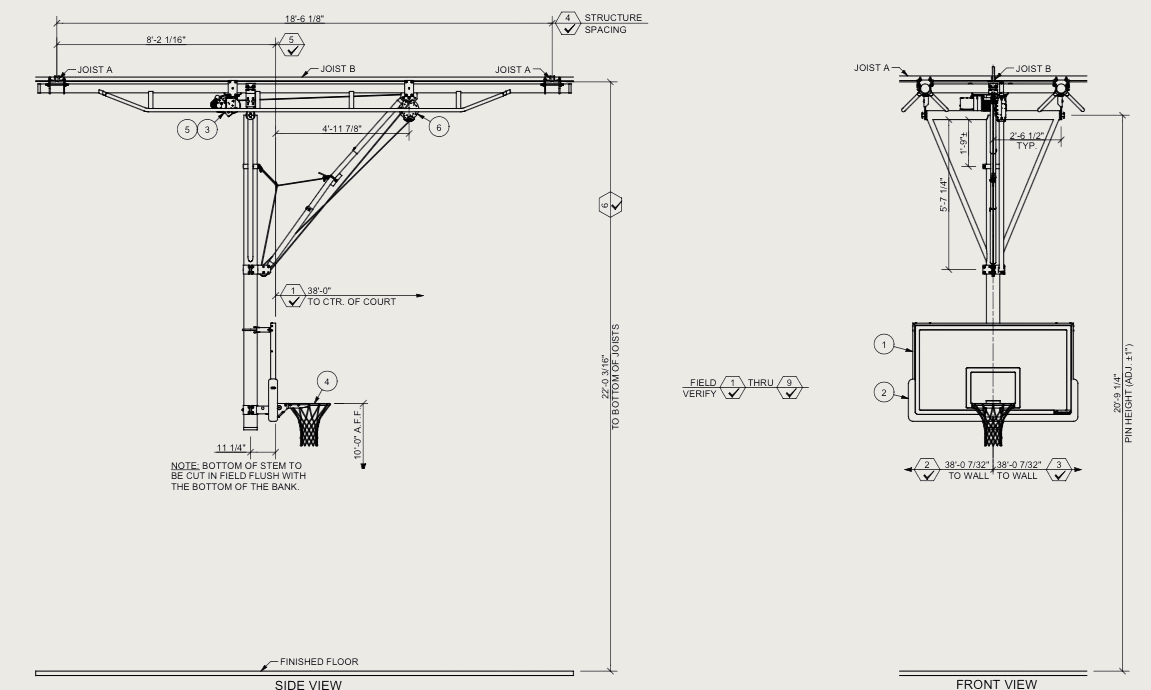 Basketball backstop mounting shop drawing showing structural spacing, pin height, and installation dimensions